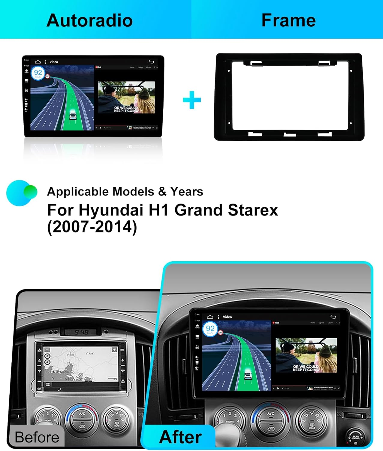 6G+128G - Android 14 IPS Car Stereo for Hyundai H1 Grand Starex 2007-2014 - Wireless Carplay/Android Auto - LED Camera + MIC - 9 Inch 2 Din - DAB Steering Wheel Fast-Boot 360-CAM AHD Wifi image number 2