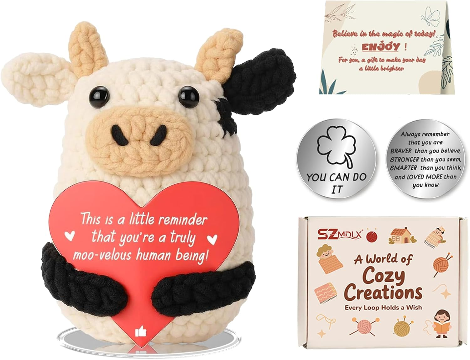 SZMDLX Positive Crochet Animals, Pocket Hug Positive Cow with Inspirational Cards in Gift Box, Emotional Support Good Luck Gifts for Women, Lucky Charm for Birthdays, Office & Home Desk Decor