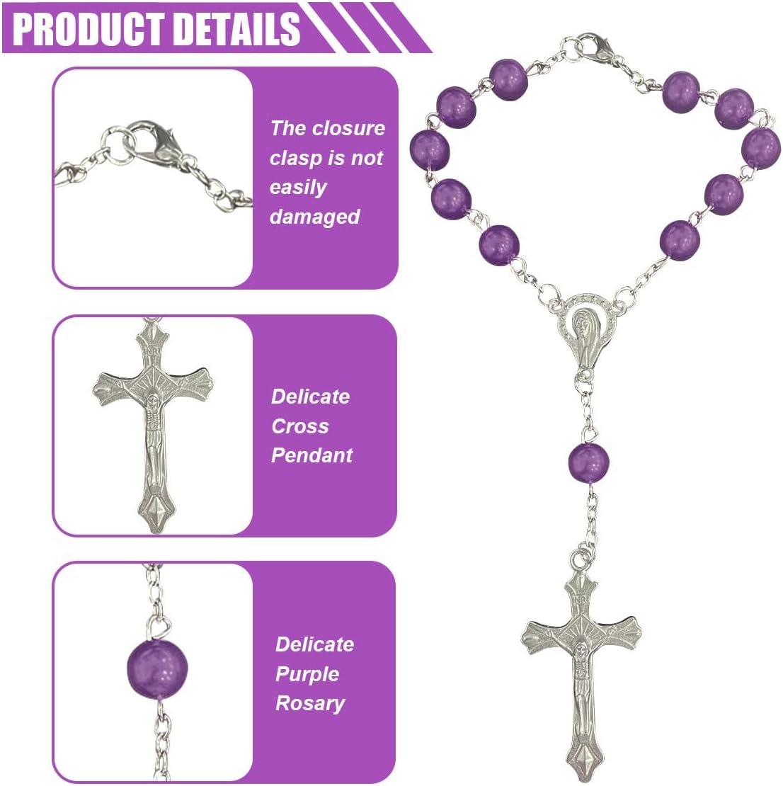 2PCS Rosary for Rearview Mirror, Purple Pendant Interior Charm Auto Decors, Medal and Cross Personalized Hanging Accessories for Women Men (Purple) - Ceramic image number 3