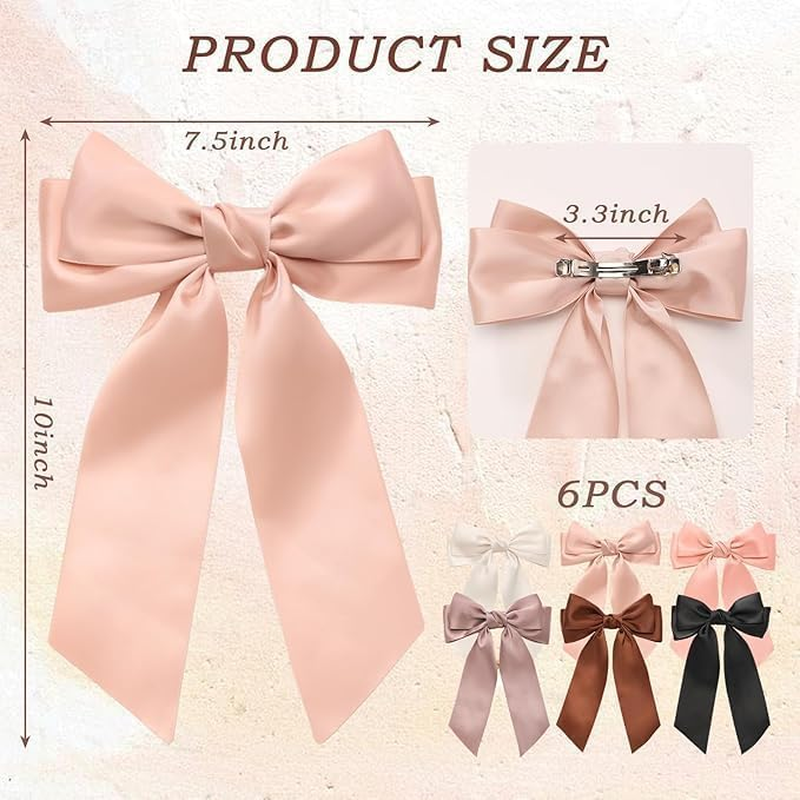 Silky Satin Hair Bow Clips for Women, 6Pcs Large Satin Bow Hair Slide Clips, Long Silky Satining Big Bow Hair Clip, Big Bow Hair Clips Solid Color