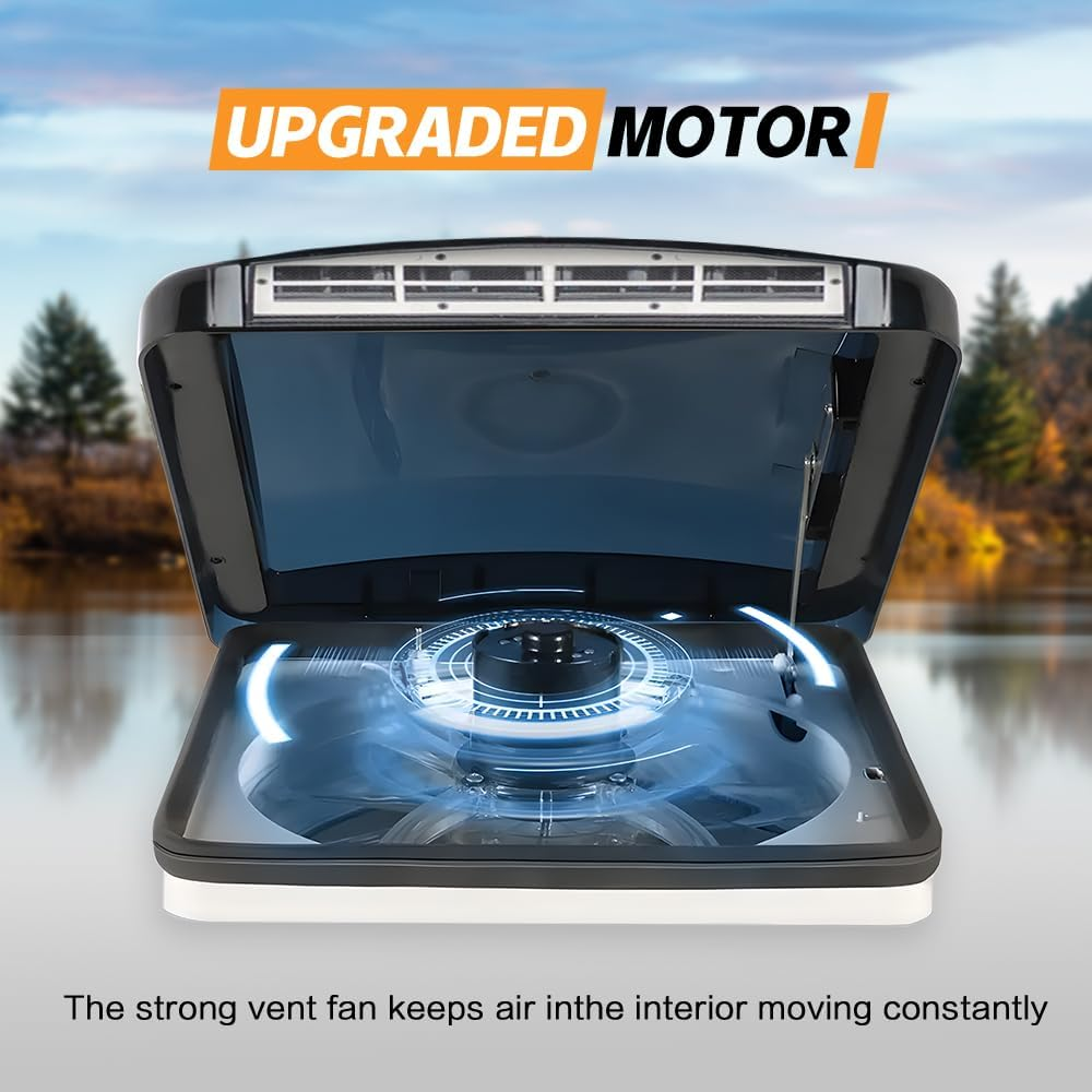 ALSTON 12V Caravan Vent Shower Roof Vent with LED Lights and Tinted Lid, Trailer Shower Roof Hatch Motorhome Air Ventilation Roof, Low Profile Reverse Airflow Manual Lift image number 1