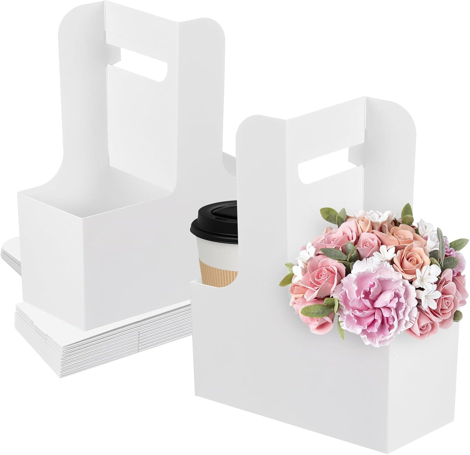 PEKGLOW 50Pcs 2 Cup Drink Carrier with Handle Kraft Paper Drink Carrier Drink Holder Disposable Paperboard Cup Holder Coffee Carrier Take Out Cup Carriers for Food Delivery Service Drink (White)