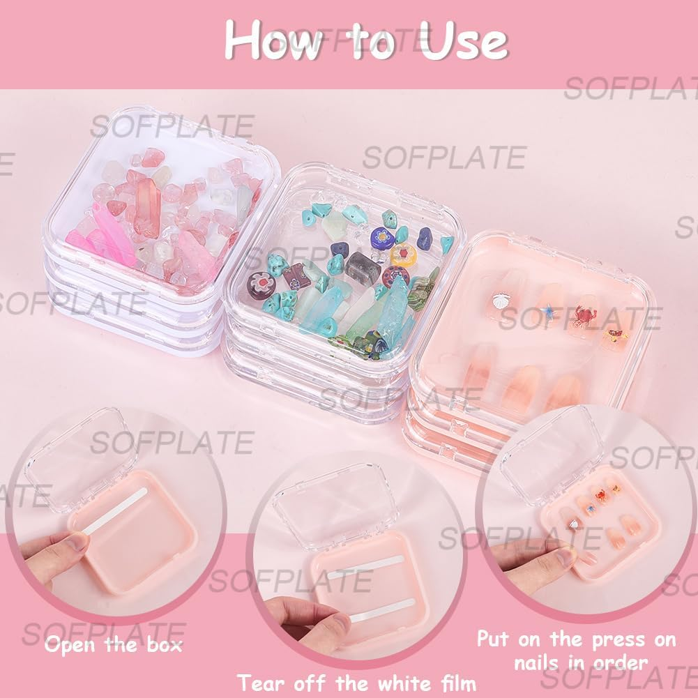SOFPLATE 9Pcs 7.75 X 7.5Cm Press on Nail Storage Box Clear Pink White Nail Packaging Boxes with 30Pcs Double Sided Stickers 9Pcs Display Cards for Press Ons Artificial False Tips Beauty Charms Women image number 1