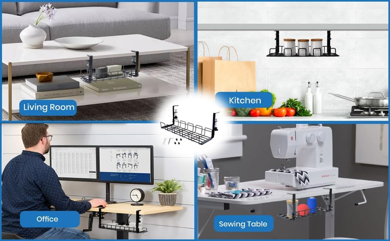 WEZCHUGHAOL under Desk Cable Management Tray, 16&rdquo; No Drill Cord Organizer with Clamps for Wire Management, 4Mm Sturdy Wire Desk Cable Organizer Tray, Cable Management Rack for Home & Office