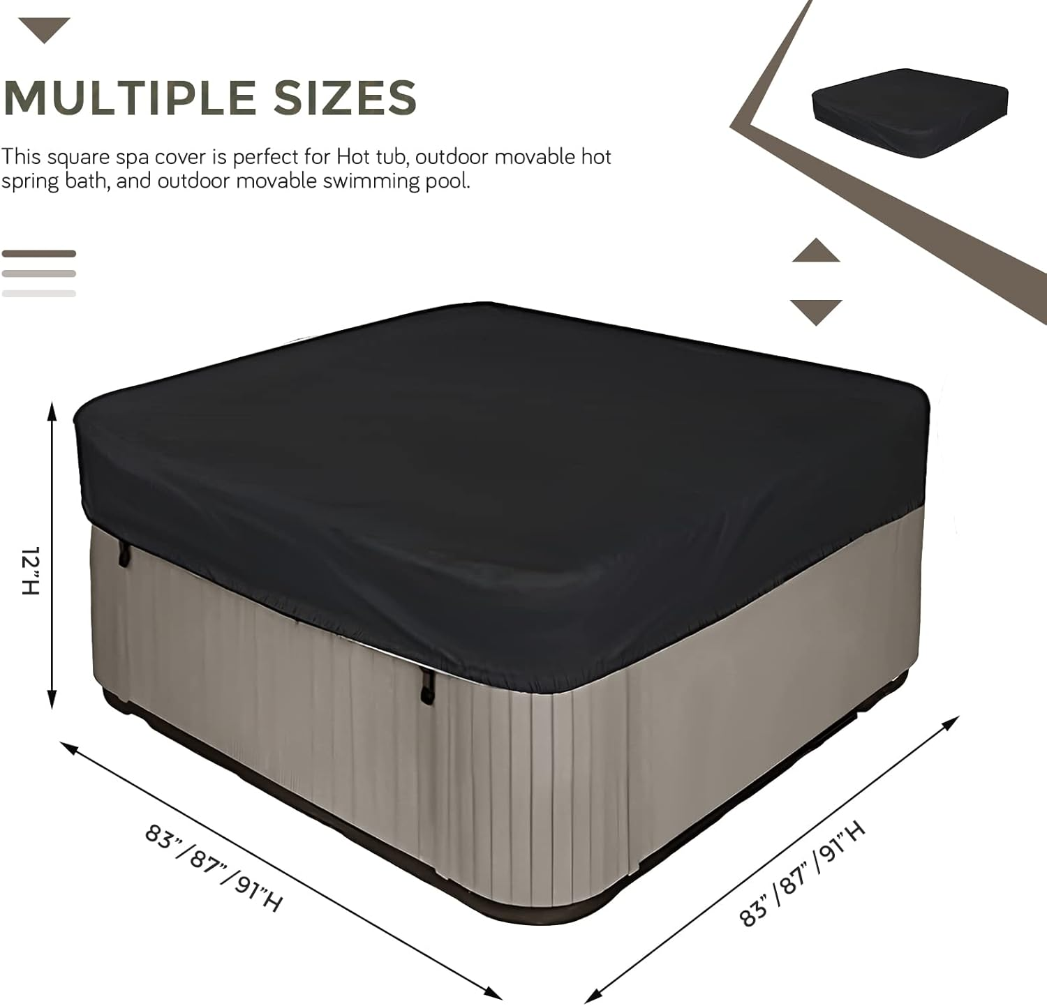 Aurragiy Square Hot Tub Cover Garden Hot Tub Spa Cover Replacement Waterproof UV Protected Rectangular Spa Cover Outdoor Spa Covers(87''Lx87''Wx12''H, Black)