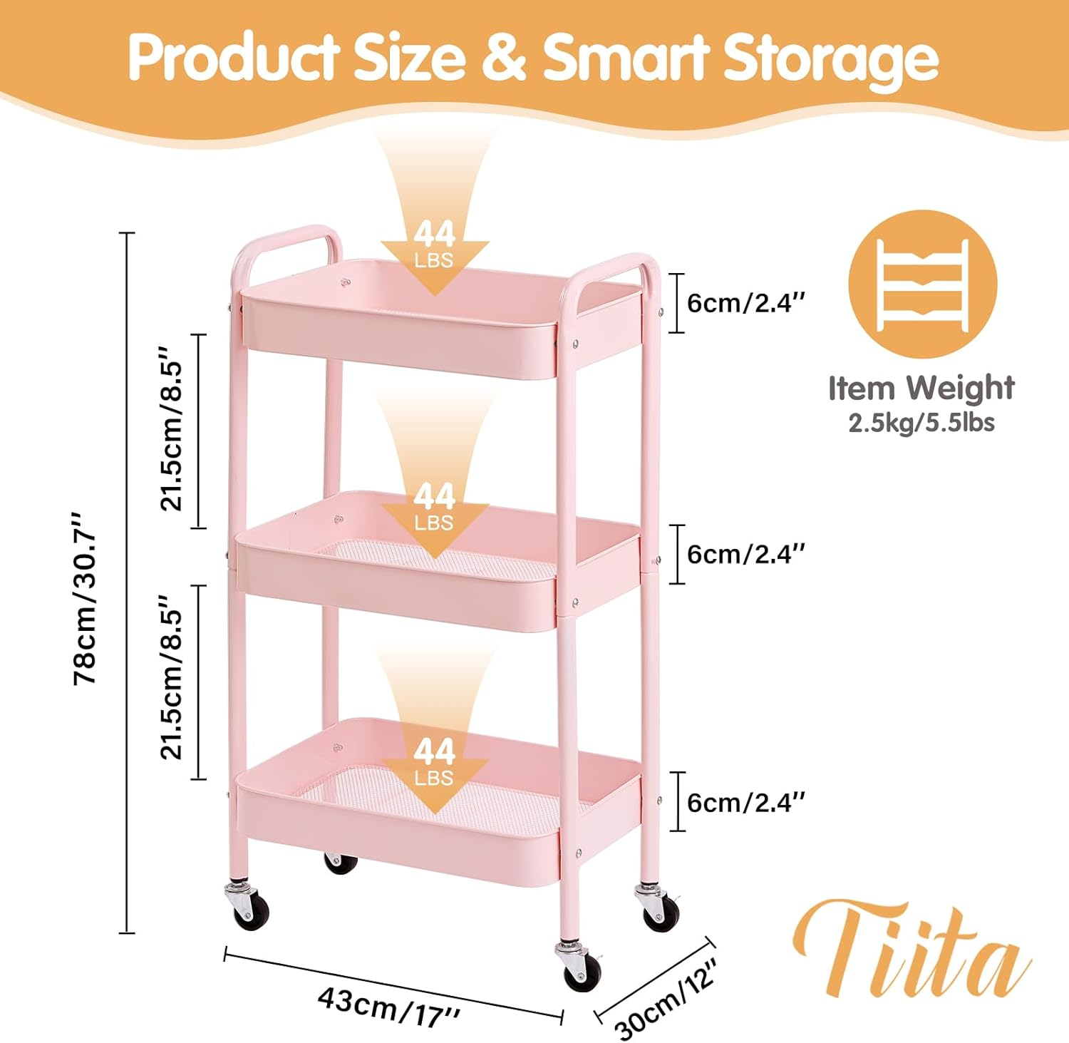 Tiita 3 Tier Rolling Utility Cart, Metal Storage Utility Organizer Cart with Wheels, Slim Rolling Cart Organizer for Kitchen, Bathroom, Office, Pink image number 4