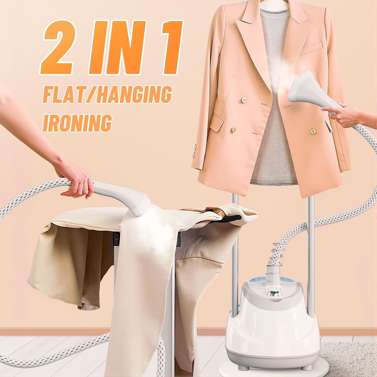Shanghigh Stand Garment Steamer for Clothes - 1800W Steamers with Adjustable Double Rod, Flat and Hanging Ironing with 1.6L Water Tank, 30S Fast Heat-Up, Wrinkle Remover with 10 Iron Modes for Home image number 5