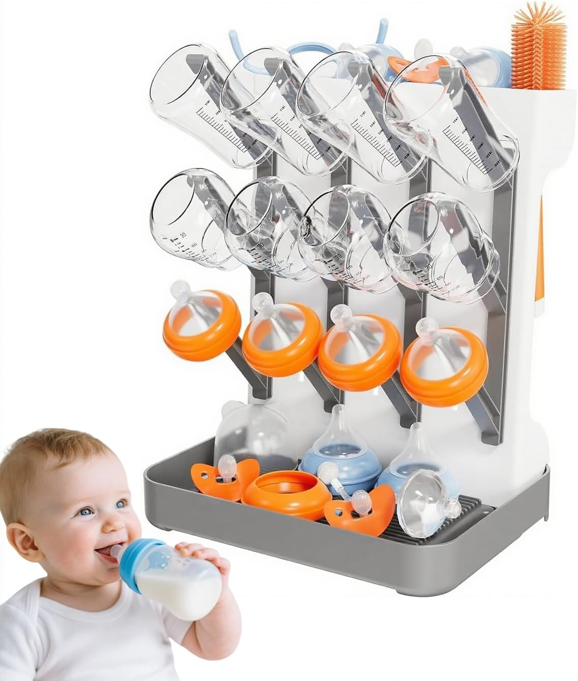 Sluxjet Baby Bottle Drying Rack, Space Saving Vertical Baby Bottle Storage Travel Bottle Brush and Large Capacity Drying Rack for Countertop Kitchen Organize Bottles and Baby Accessories, Gray image number 5