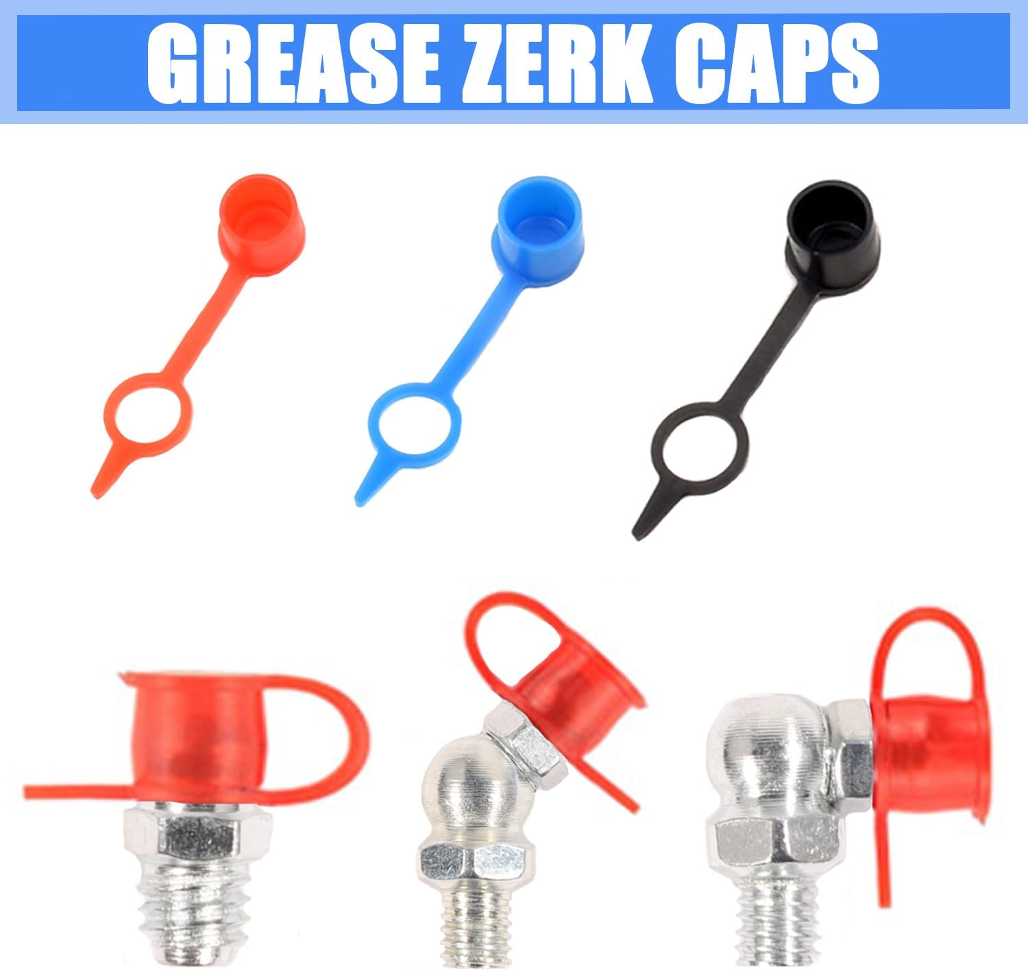 Grease Fitting Kit, M6 M8 M10 Metric Hydraulic Grease Zerks with Straight Head 45&deg; 90&deg; Angled Heads and Plastic Caps, for Automotive Industrial Lubrication image number 4