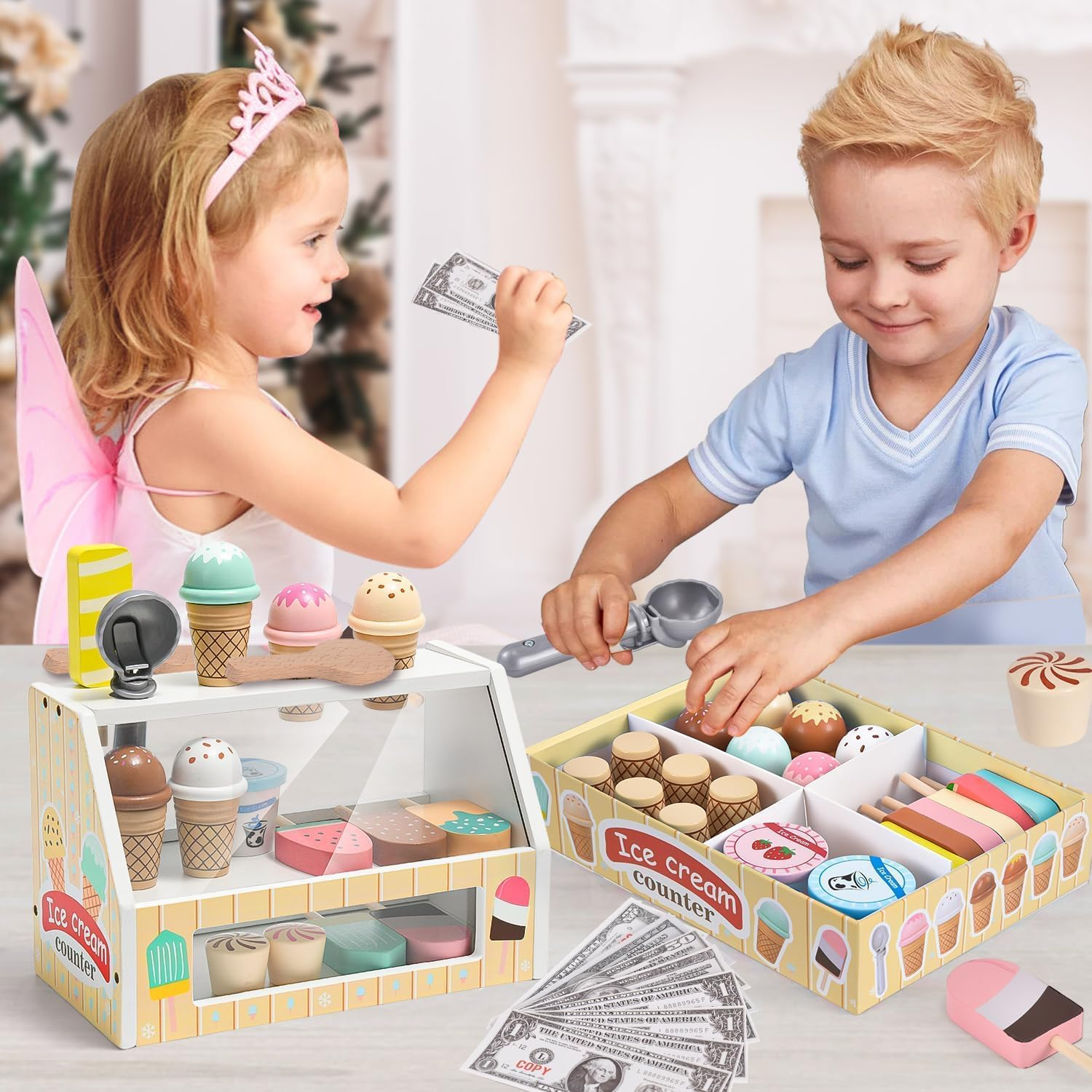 Wooden Ice Cream Toys Kids Pretend Play Store Toys for Toddlers Girls 3-5, Play Kitchen Accessories with Counter & Menu, Wooden Food Christmas Birthday Gifts for 3 4 5 Year Old Girls Boys image number 6