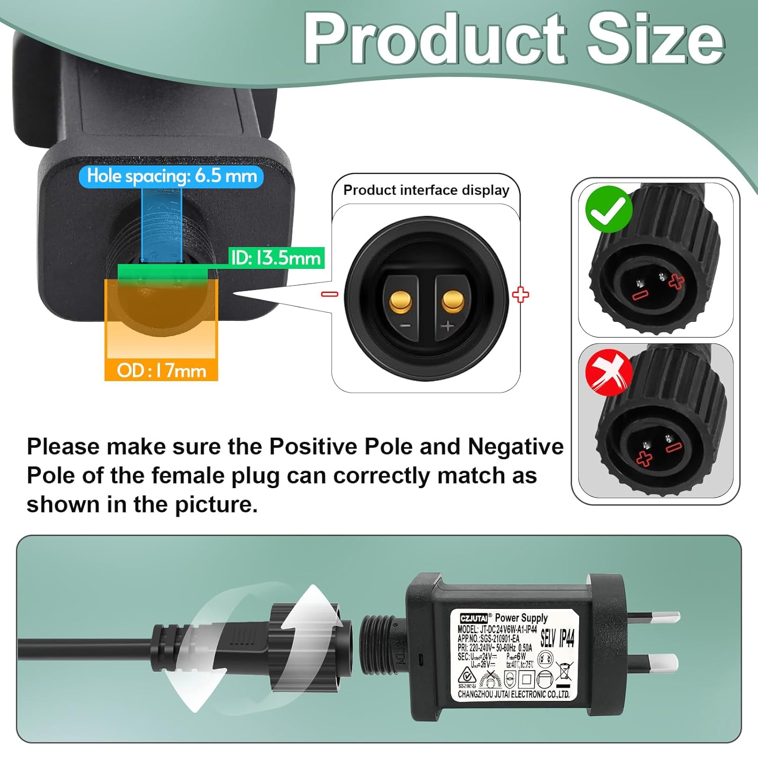 24V 6W Power Supply for CZJUTAI JT-DC24V 6W /4.5W /3.6W-IP44 Christmas Lighting with a 3 Meter Cable and 1-Click Button Switch on Power Cord. [A46W] image number 1