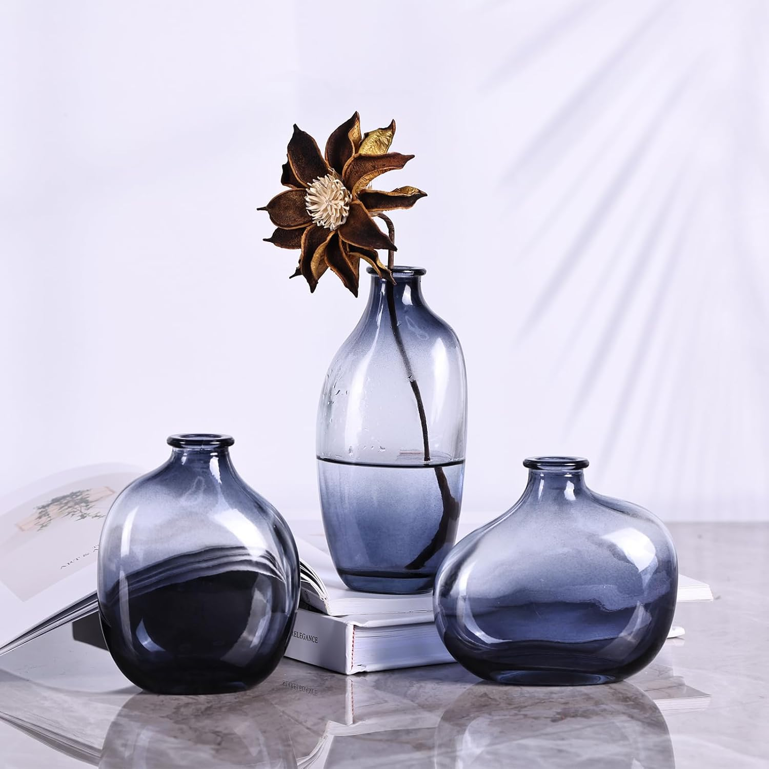 Set of 3 Light Blue Glass Bud Vases, Modern Decorative Fresh Flowers Small Vases for Home Table Centerpieces Wedding Parties Office Kitchen Shelves Decorative Bulk Mini Vases. - Green image number 3