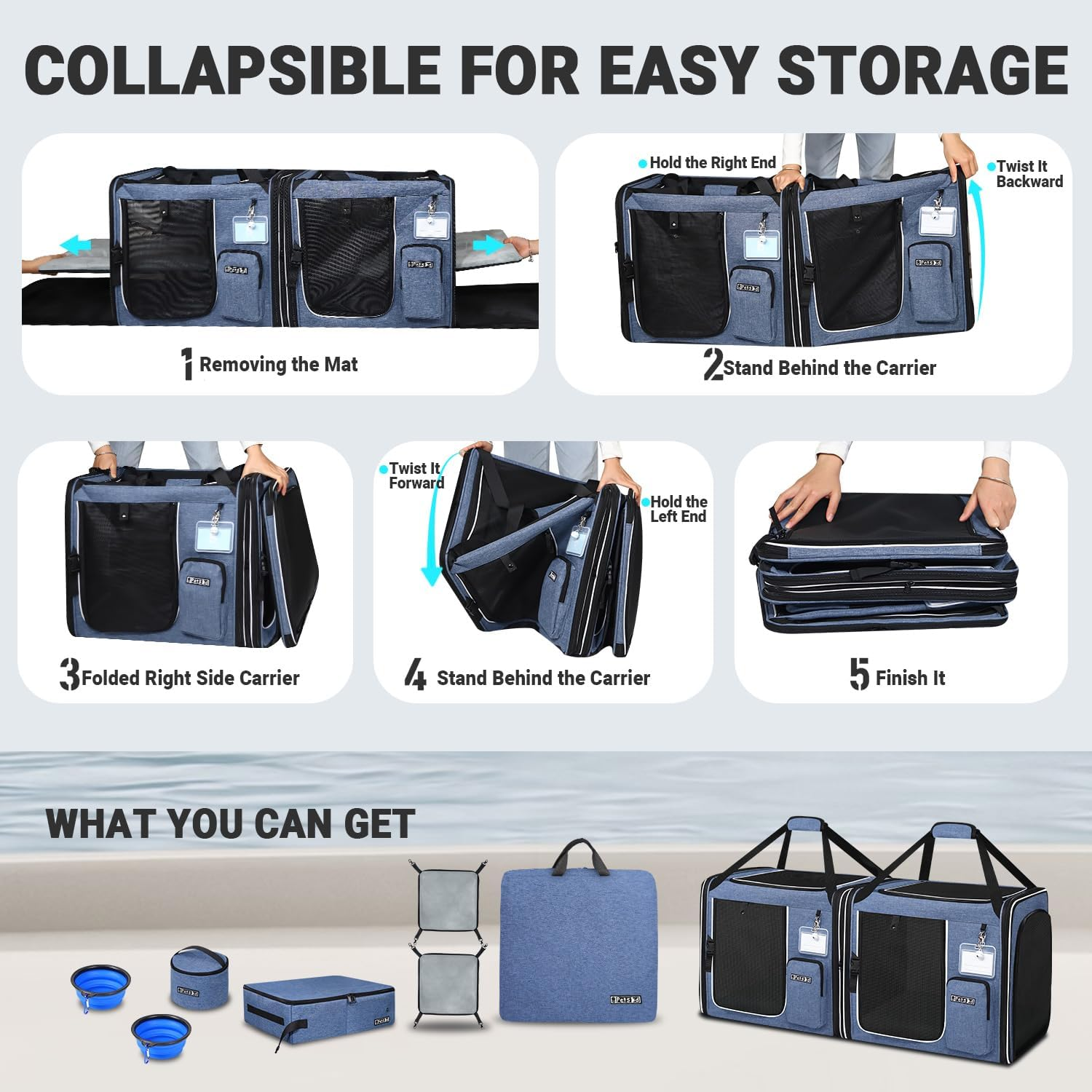 Petskd 2 in 1 Double Cat Car Travel Carrier with Litter Box, 38"X17"X18" Portable Dual Extra Large Cat Carrier for Multiple Cats with Zipper Locks for Moving across the Country image number 4