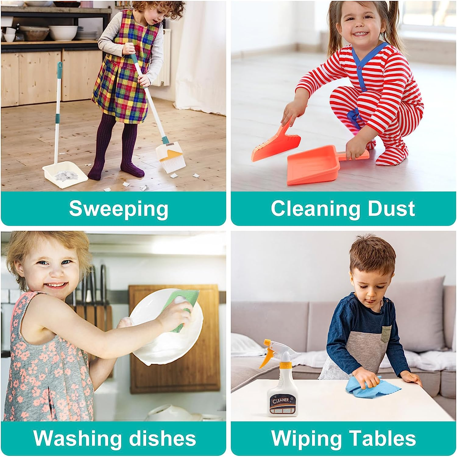 Hapavis Kids Cleaning Set Toys 12 Piece Pretend Home Cleaning Play Set with Toy Broom Dustpan Mop Brush Spray Bottle for Girls Boys