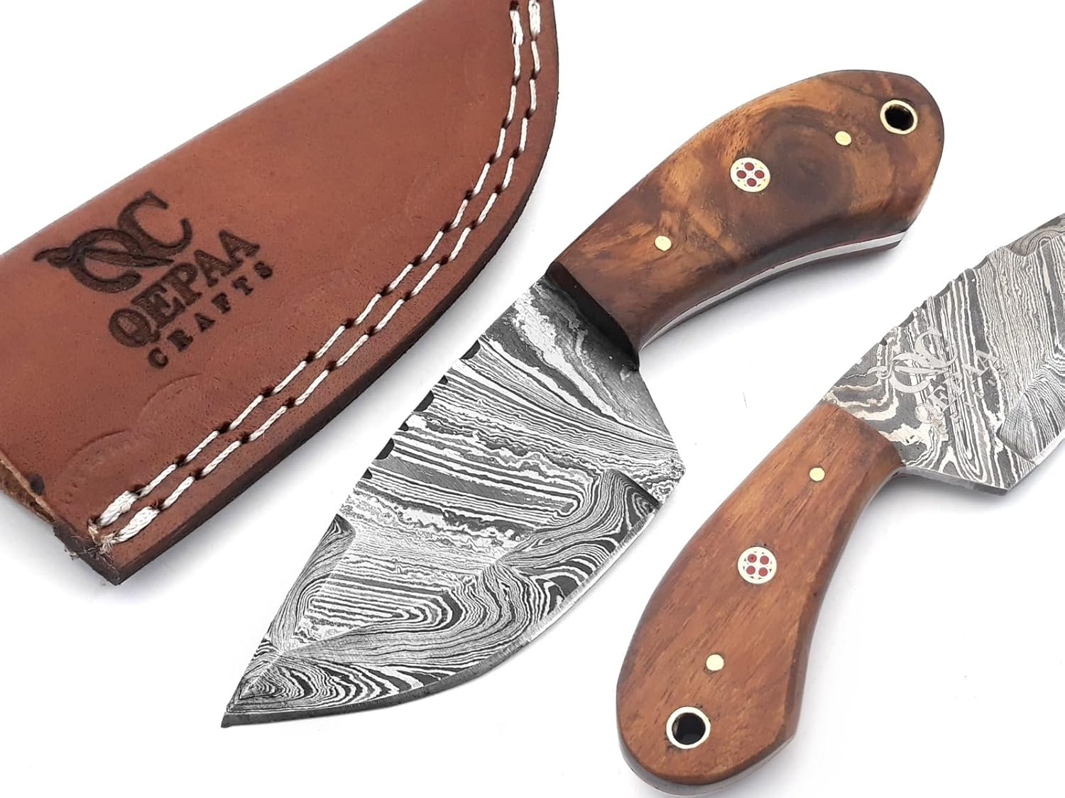 6" Long Hand Forged Damascus Steel Full Tang Blade Custom Made Survival Hunting Knife, Wood Handle with Leather Sheath image number 2