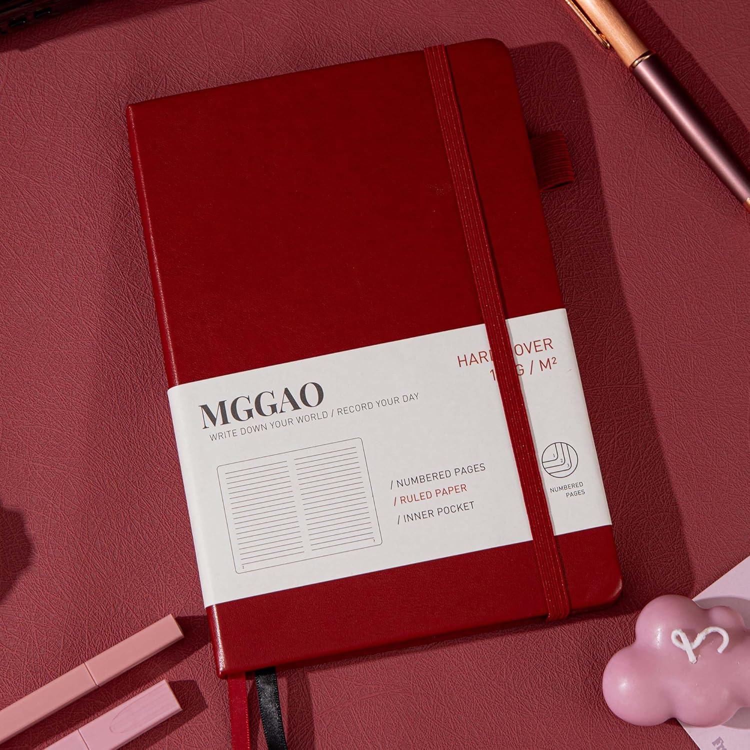 MGGAO A5 Ruled Journal 100 GSM Lined Thick Paper with 188 Numbered Pages Premium Faux Leather Hardcover Notebook for Personal Writing Study Office Travel Recording (Red,Ruled) image number 4