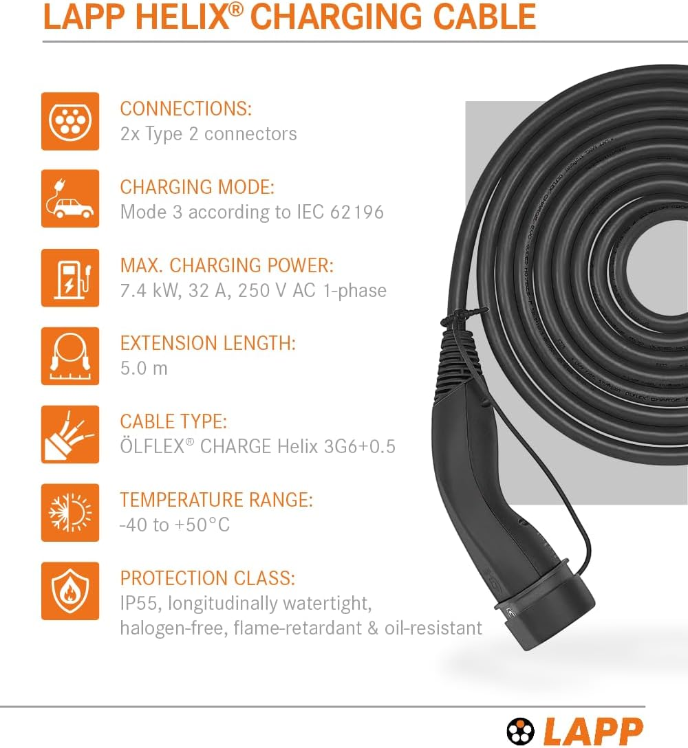 Lapp Type 2 5M Self-Retracting EV Helix Cable 7.4Kw 1P 32A, Type 2 to Type 2 EV/PHEV Charging, Black, Compatible with S/3/X/Y - Orange image number 3
