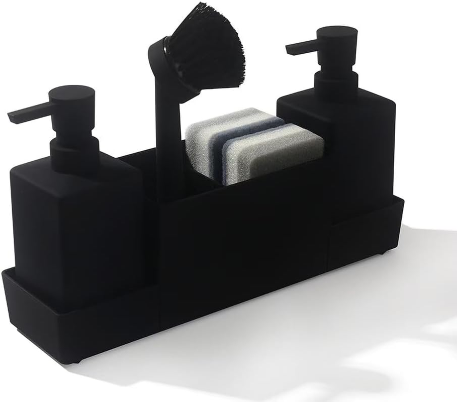 JCQMZB Kitchen Soap Dispenser with Sponge Holder Set for Sink Caddy (Double Soap Dispensers and 1 Brush) Matte Black image number 4