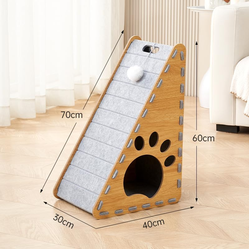 Cat Beds for Indoor Pets, 27" (70Cm) Slope X 23" (60Cm) Base Extra-Large Cat Cave, Cozy House with Fluffy Ball Hanging, Scratch Resistant Felt Kitten Hideaway House, Climbing Slope, Grey image number 6