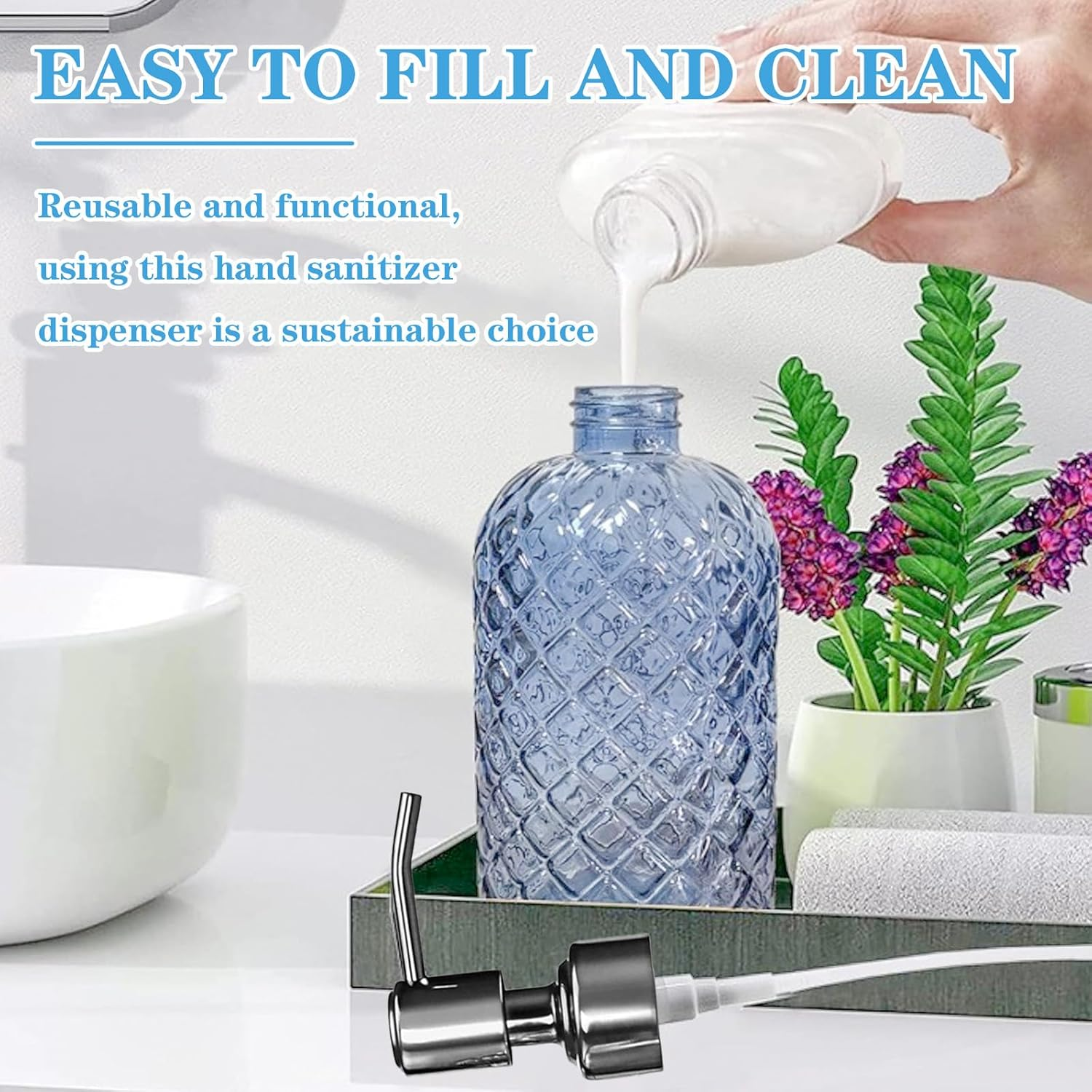 Glass Soap Dispenser Set &ndash; 2 Pack 13.5Oz (400Ml) Gem-Patterned Refillable Hand Soap Dispenser with Rust Proof Stainless Steel Pump Clear Bathroom & Kitchen Dispenser for Dish Soap, Lotion image number 2