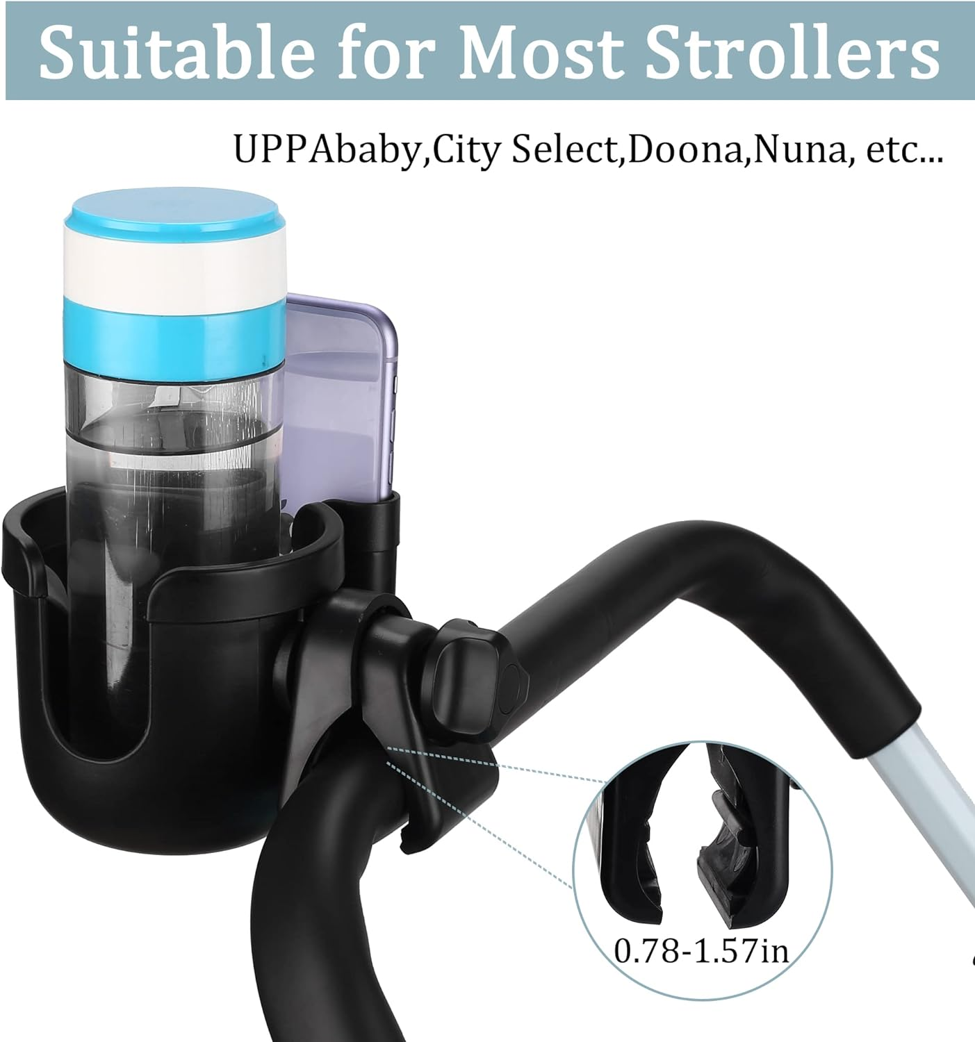Suranew Universal Stroller Cup Holder, Adjustable Drink Holder with Phone Holder for Baby Stroller, Wheelchair, Walker, Bike, Scooter, Gifts for Family Member. - Blue image number 7