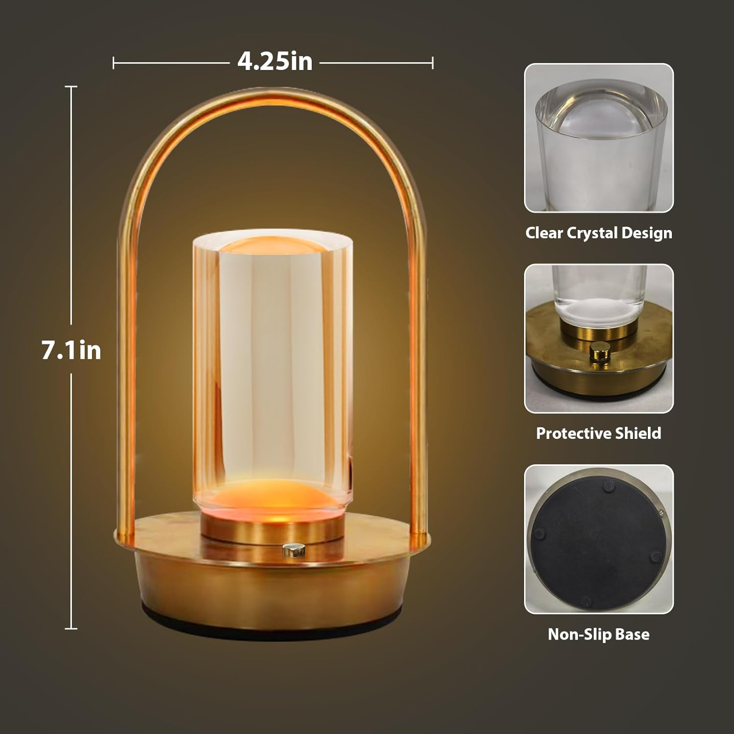 Cordless Table Lamp with Touch Control, Rechargeable LED Bedside Lamp, 3-Colour Infinitely Dimming Battery Powered Small Crystal Lantern for Bedroom/Office/Patio Light (Gold)