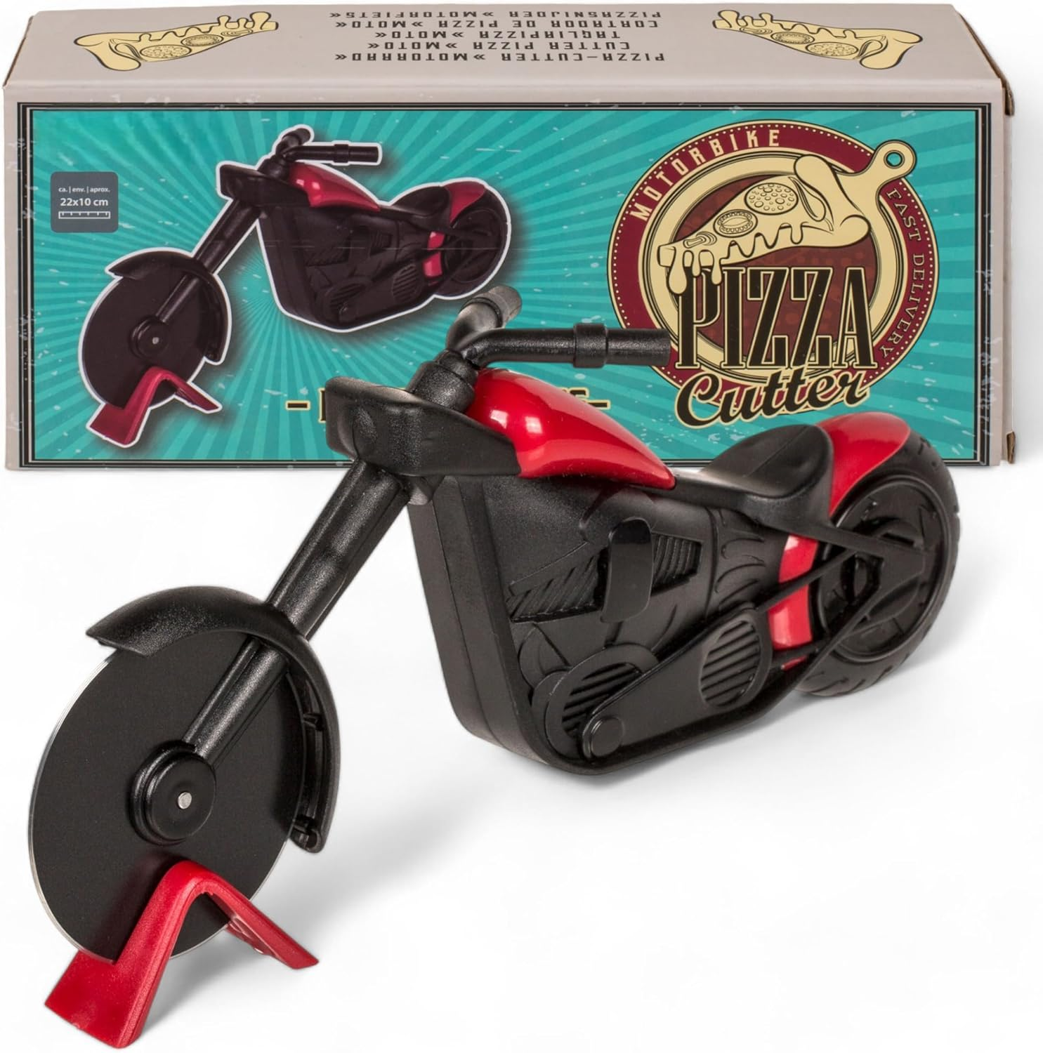 MIJOMA Pizza Cutter Motorcycle - Trendy Pizza Scooter in Motorcycle Design, Stainless Steel Wheel, Pizza Cutter with Stand, Pizza Wheel Approx. 22 X 10 Cm