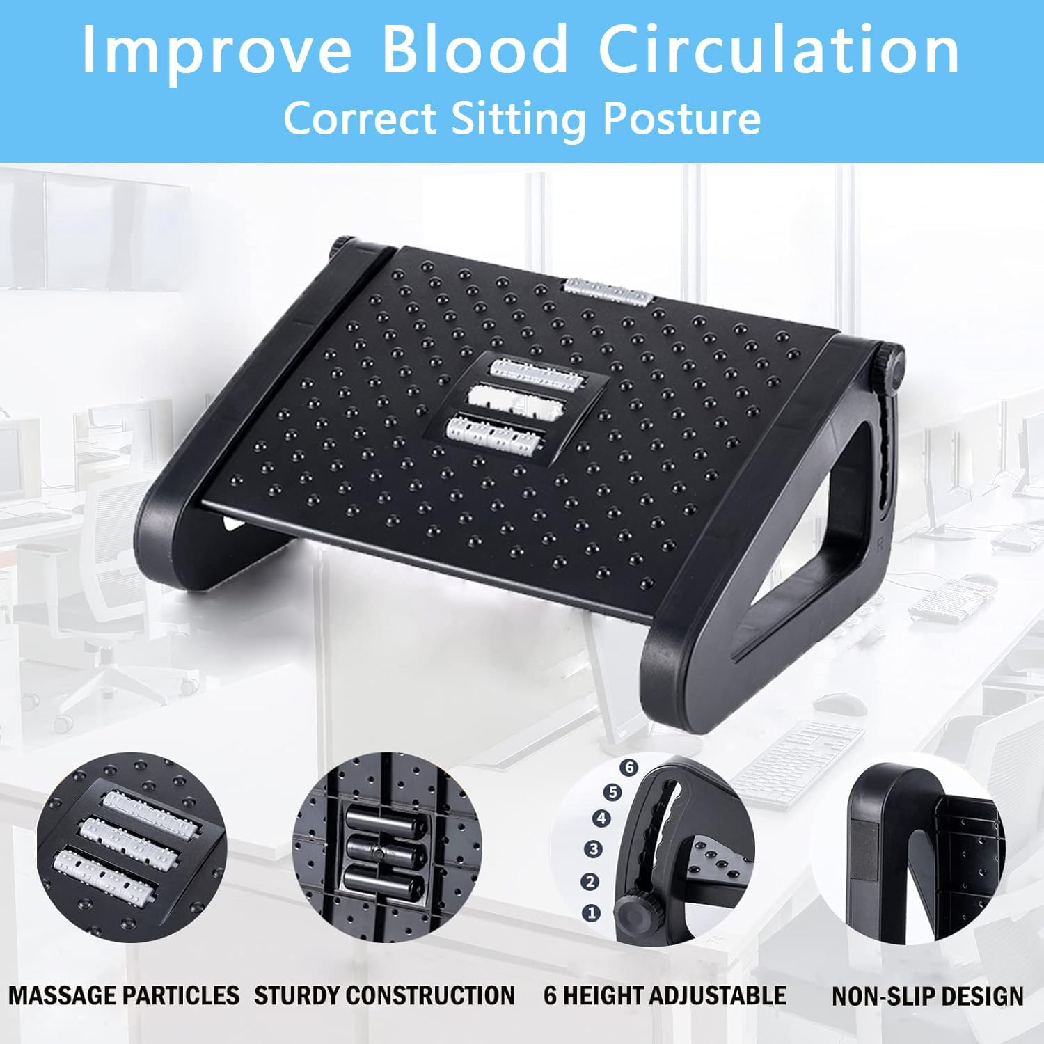 Foot Rest under Desk Ergonomic - 6 Height Adjustable, Manual Massage Rollers, Premium Vinyl Cover & Sturdy Plastic Frame for Home Office & Gaming image number 4