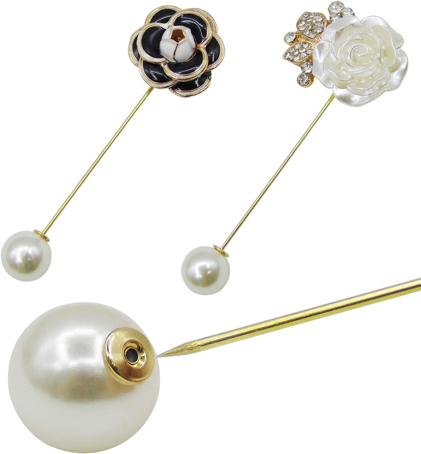 4 Pieces Sweater Shawl Clip Pearl Brooches Rhinestone Safety Pins for Women Girls Bouquet Pins Clothing Decoration image number 1