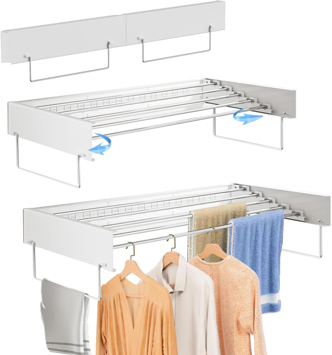 DAIYEE 39.4" Wide Laundry Drying Rack Collapsible, 13.1 Linear Ft, 5 Stainless Steel Rods, 45 Lb Capacity, Wall Mounted Clothes Drying Rack,100Cm with Towel Rack,White image number 1