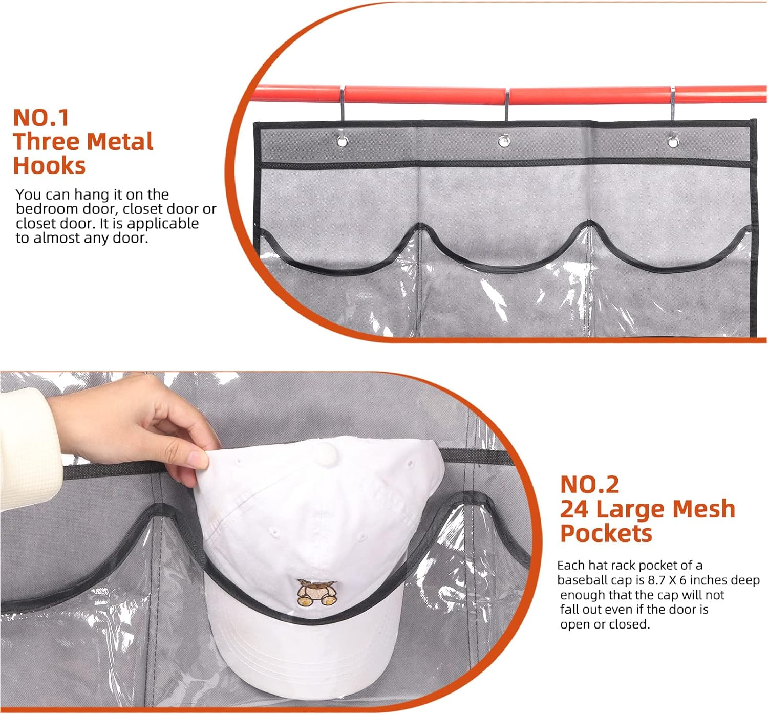 Tanstic 4-Pcs Gray Hat Rack with 24 Pockets and Hooks, Baseball Cap Organizer over the Door Cap Holder Stand Hanger for Home Closet Store Display image number 4