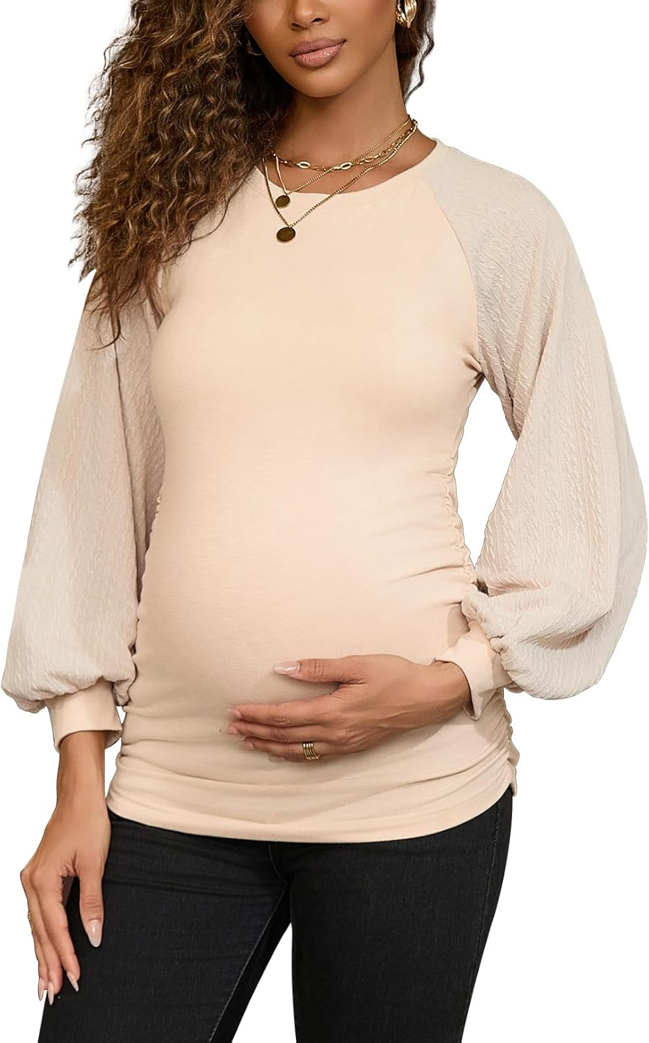 Bhome Maternity Sweatshirts Patchwork Cable Knit Long Sleeve Tops Crewneck Shirts Lightweight Sweaters