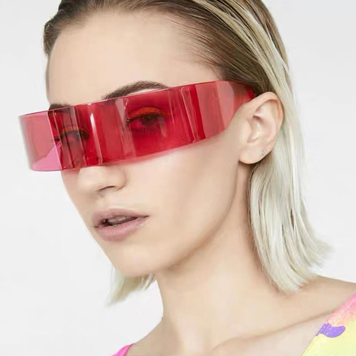 Futuristic Space Glasses, Narrow Lens Mirrored Wrap Visor Costume Flat Eyeglasses, Rimless Fast Glasses with Mirrored Lens image number 1