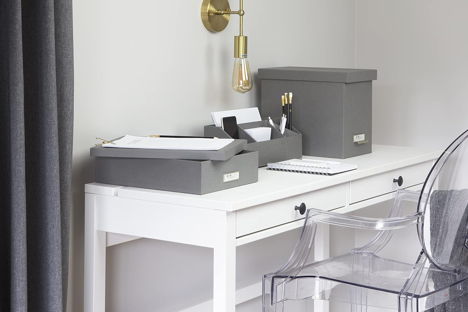 BIGSO BOX of SWEDEN ELISA Desk Organiser with 4 Compartments - Organiser System for Notes, Paper Clips, Pens Etc. - Fibreboard and Paper in Linen Look - Grey image number 2