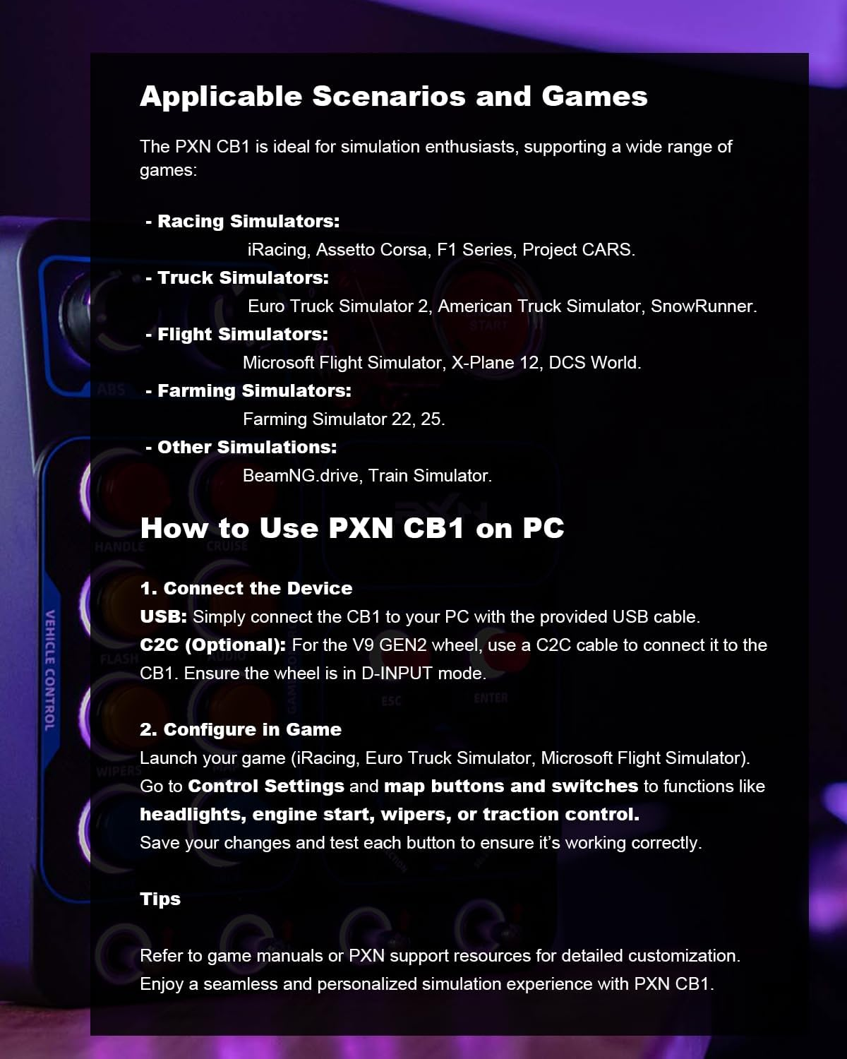 PXN CB1 Button Box - Steering Wheel Side Panel, Auxiliary ETS2 Controller - PC Only | 19 Sim Buttons & Switches, RGB Lighting, Adjustable Clamp | for Racing, Truck, Flight & Farm Simulator Games image number 4