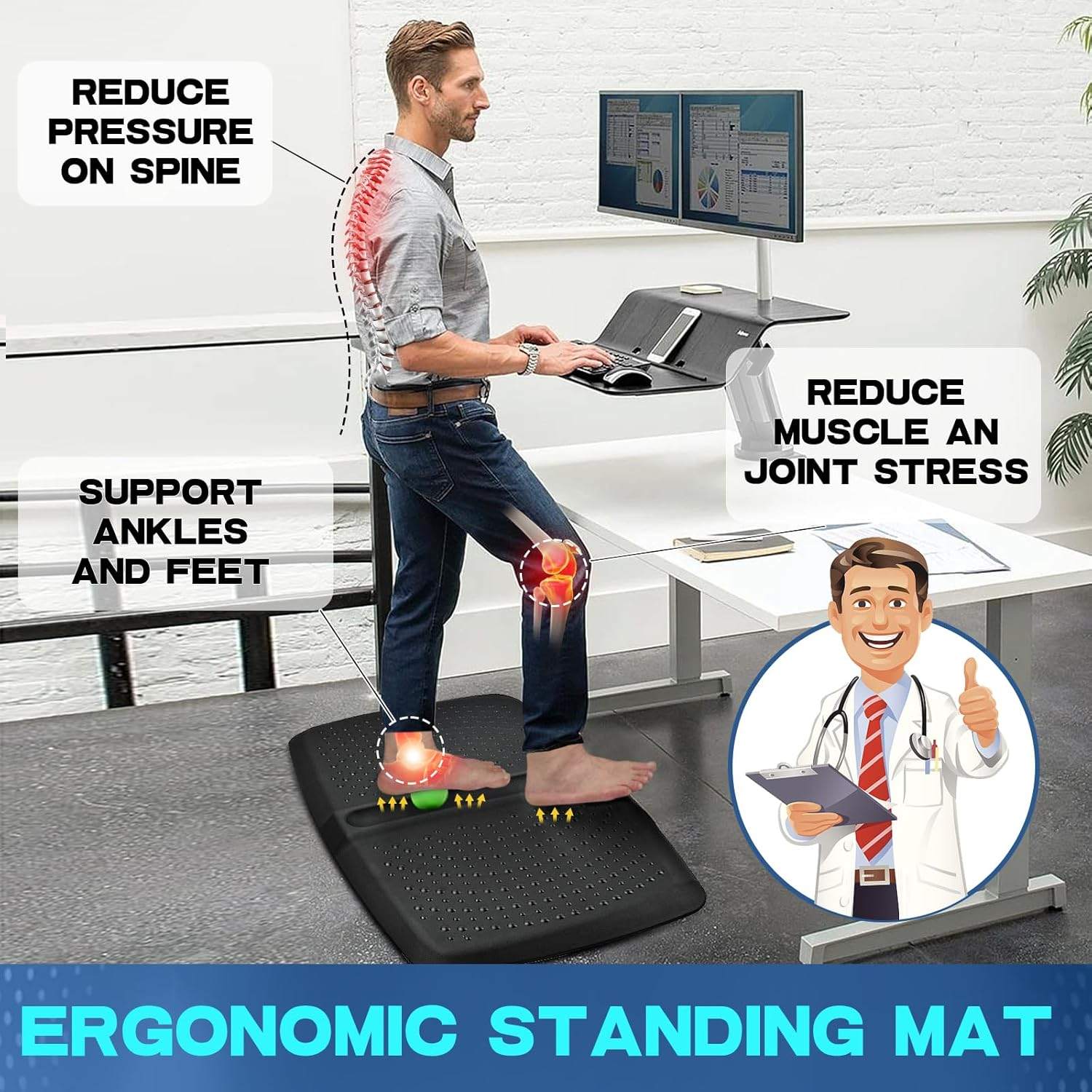 Ergohead 1 Inch Thick anti Fatigue Kitchen Mat Standing Mat with Massage Ball, Non Slip Standing Desk Mat with Massage Point, Multi-Purpose Comfort Floor Mat for Feet, Office, Home (Black, 17" X 28") image number 4