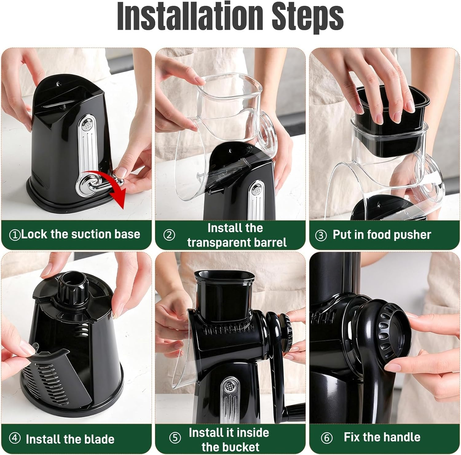 CHDEXU Rotary Cheese Grater with Handle, Manual Vegetable Slicer Grater with 5 Detachable Stainless Steel Blades, round Graters Slicer Hand Crank Food Chopper for Kitchen with Blade Storage Box - Black image number 4