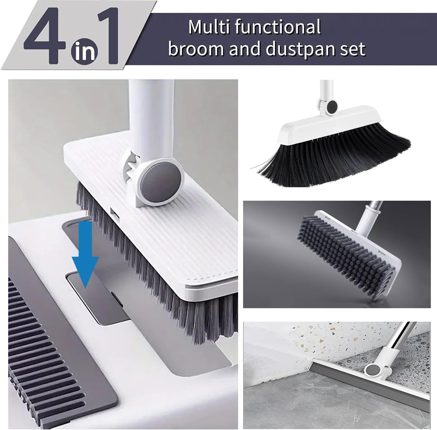 4-In-1 Broom with Dustpan Combo with Upright Stand, Built-In Squeegee and Scrubber for Effortless Cleaning in Home Kitchen Bathroom, Indoor Outdoor Use