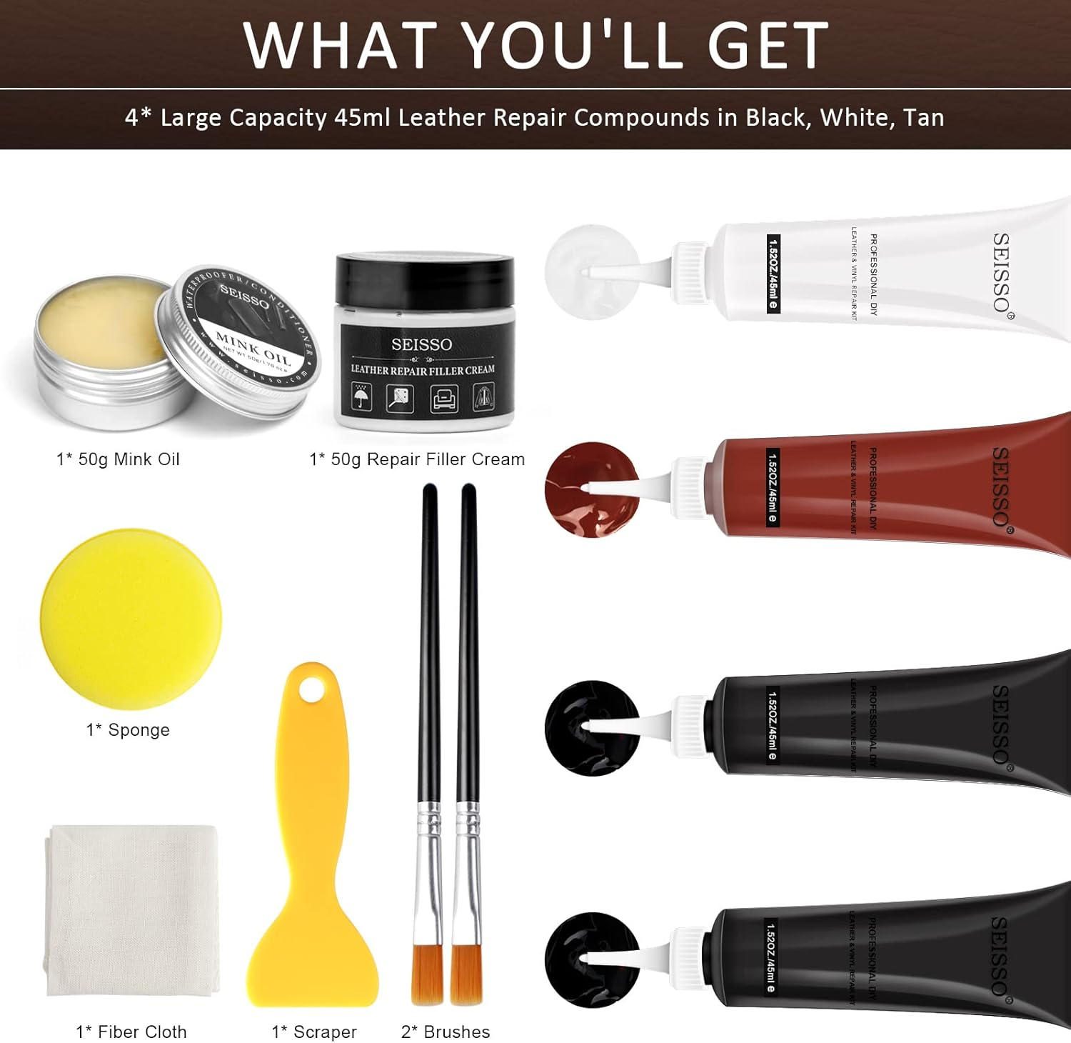 Black Leather Repair Kit for Furniture, Car Seat, Sofa, Boot, Shoes - Dye and Filler with Mink Oil - Brown White Vinyl Restorer for Cat Scratch, Burn Holes image number 6