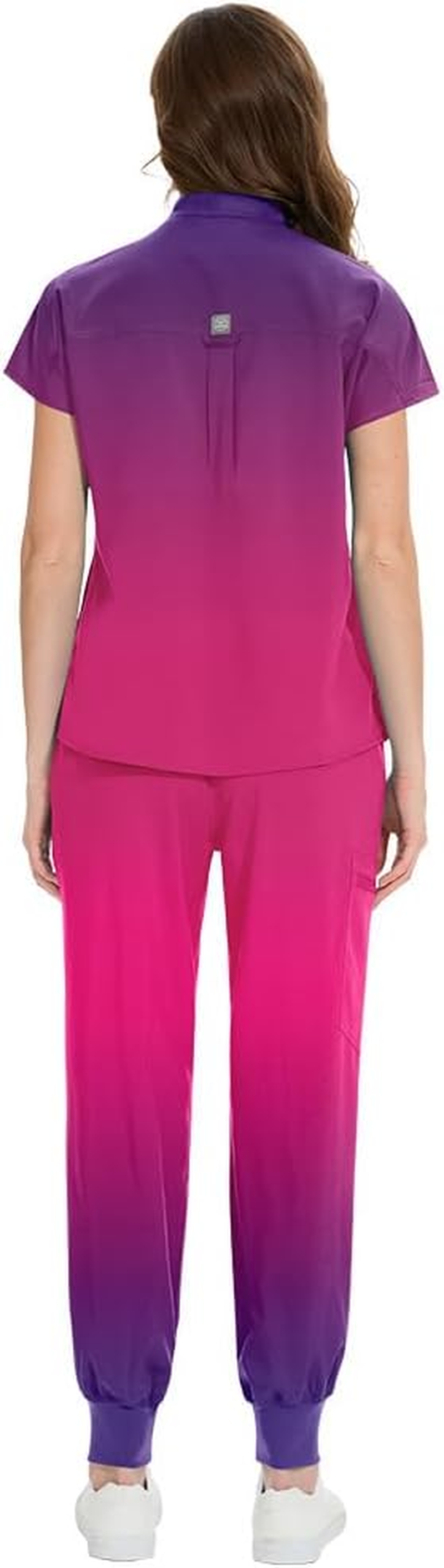 Meichoon Scrubs Set for Women Medical Uniform Set with Gradient Color Stand Collar Short Sleeve Top Elastic Jogger Pants Moisture-Wicking DK63