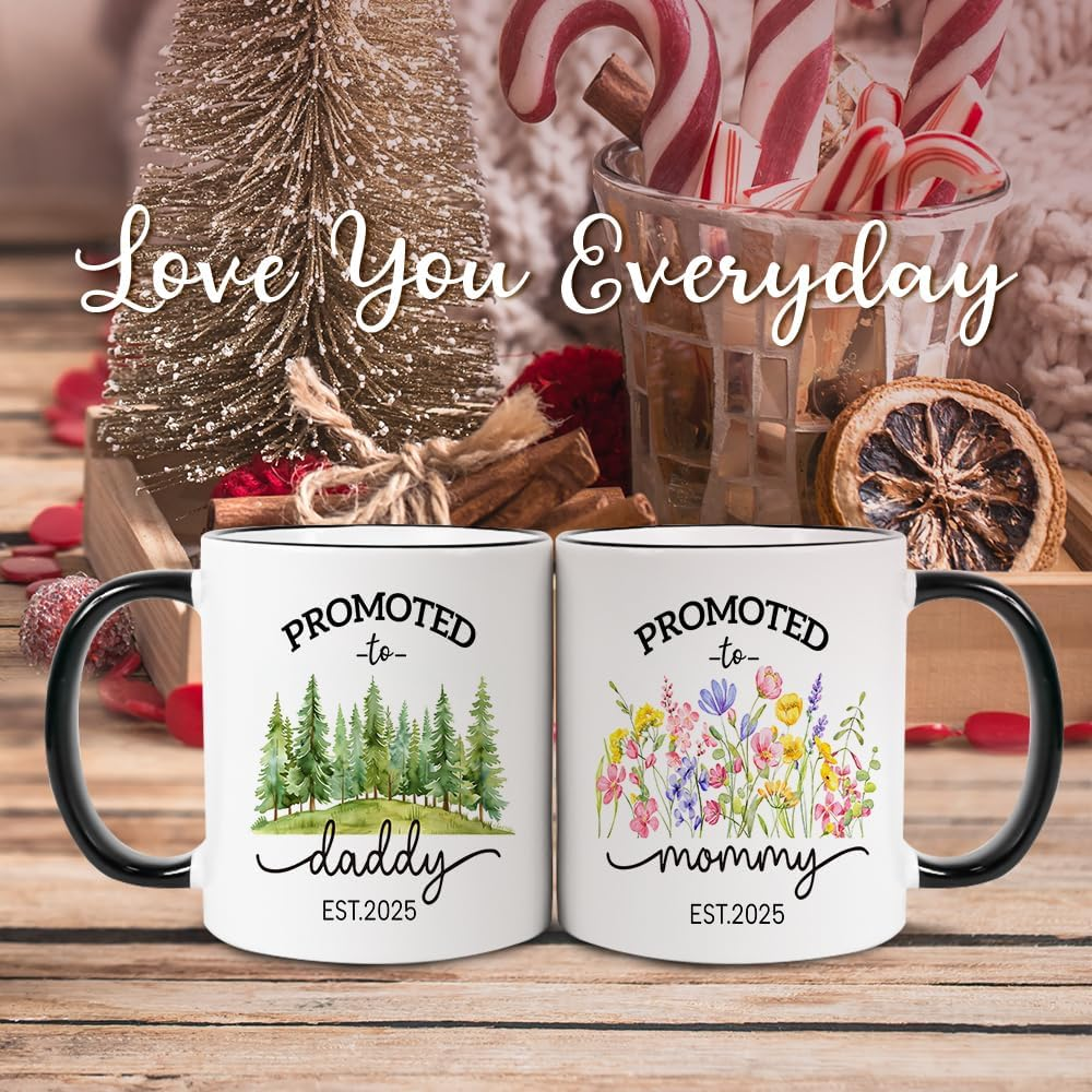 Promoted to Parents Mommy Daddy 2025 Mugs, New Parent Gifts for Couple,New Mom and Dad Gifts First Time 2025, Baby Announcement Coffee Mug Set, Mom and Dad Mugs image number 1