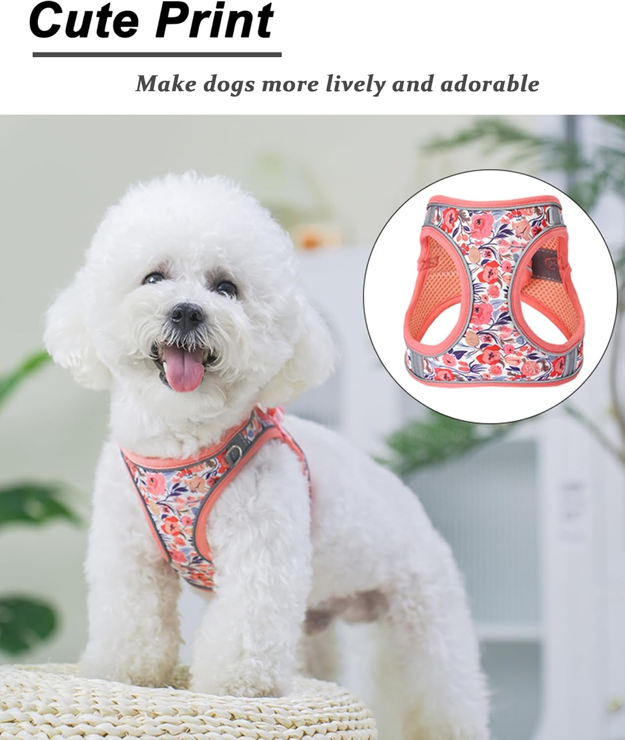 S Peach Flower Pattern Dog Harness and Leash Set,No Escape Easy Walk Puppy Harnesses for Training Walking，Breathable Adjustable Puppy Vest for Small Medium Dogs, Cats (Peach, S) image number 3