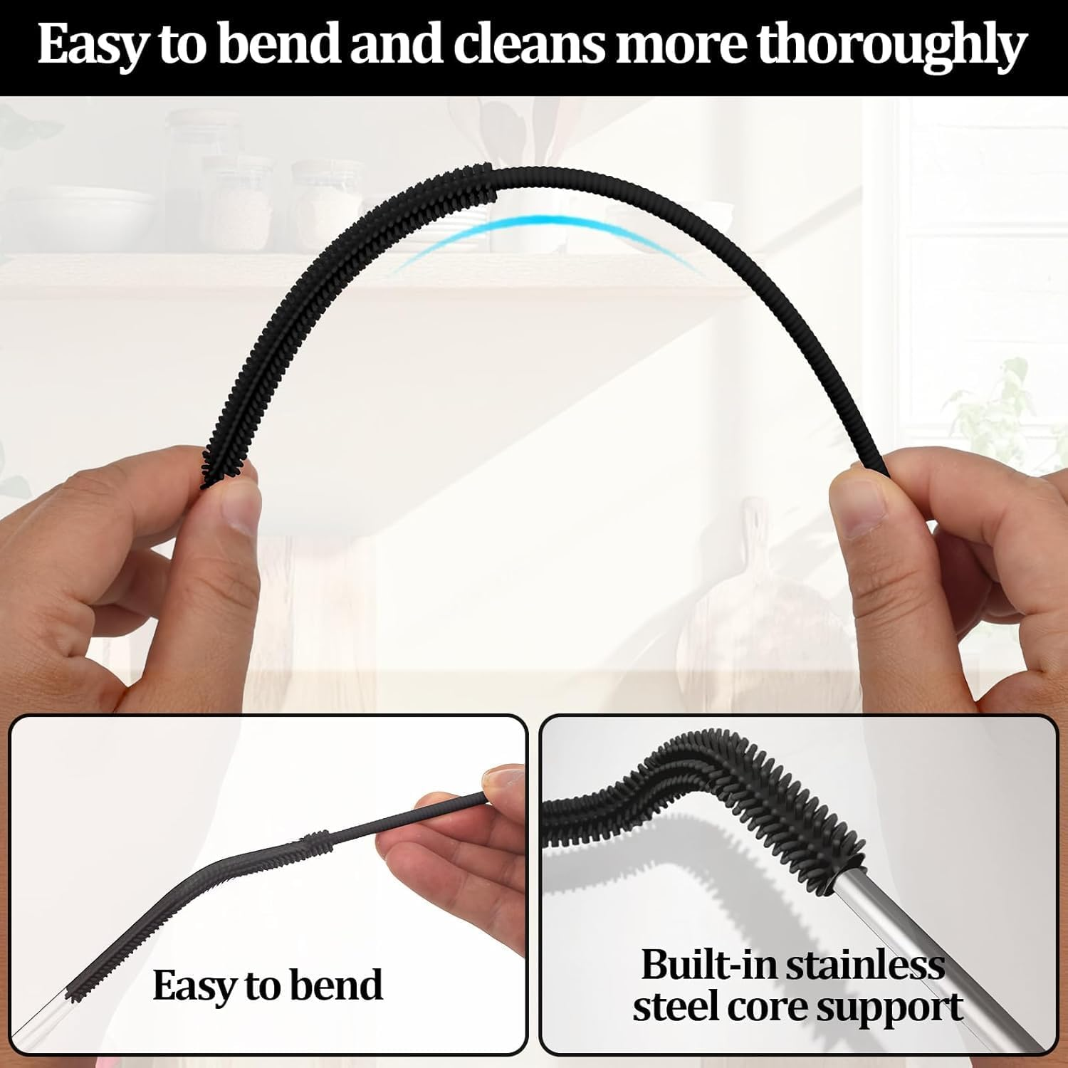 2 Pack Extra Long Silicone Straw Cleaning Brushes - Heavy Duty Reusable Straw Cleaner for Metal, Glass, Smoothie & Bubble Tea Straws - Bpa-Free Food Grade with Bendable Core (6Mm+9Mm, Black) image number 1