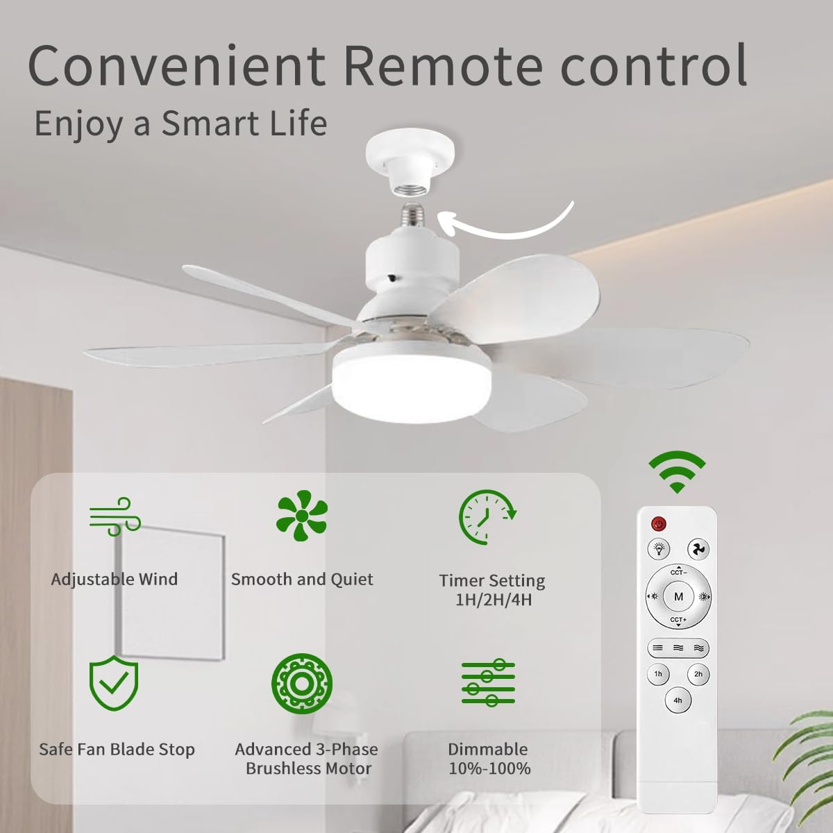 Ceiling Fan with Light and Remote, Stepless Dimmable Ceiling Fan, 3 Speeds, Timer Setting, Suitable for Garage, Kitchen, Bedroom, E26/E27 Lamp Holder, with Extension Pole image number 5