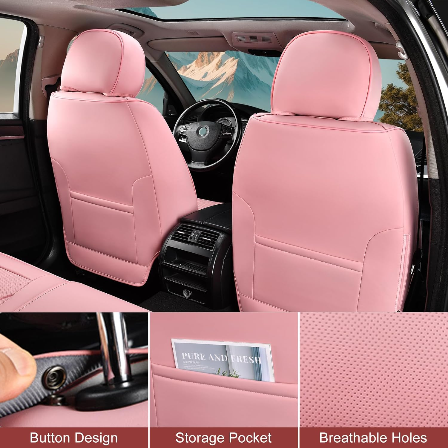 TIEHESYT Pink Car Seat Covers Front Pair, Breathable Leather Automotive Front Seat Covers & Headrest, Auto Seat Cover, Compatible with Most Cars Sedans SUV Pickup Trucks image number 4