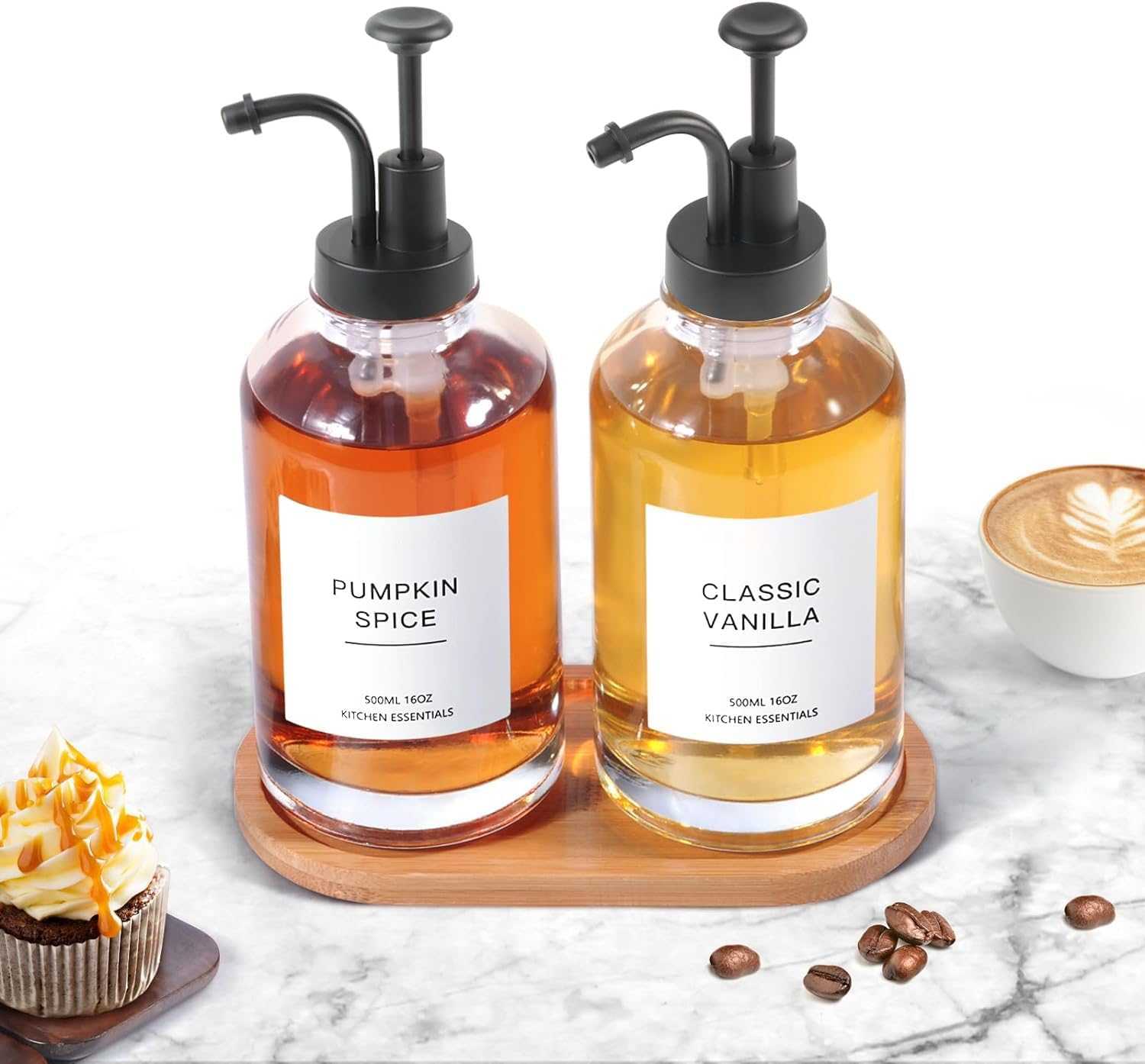 Syrup Dispenser, Coffee Syrup Dispenser for Coffee Bar, Simple Glass Syrup Bottle and Bamboo Tray, Syrup Pump Dispenser 16.9 Oz 500 Ml, Set of 2, Gold, Coffee Bar Accessory - Silver image number 6