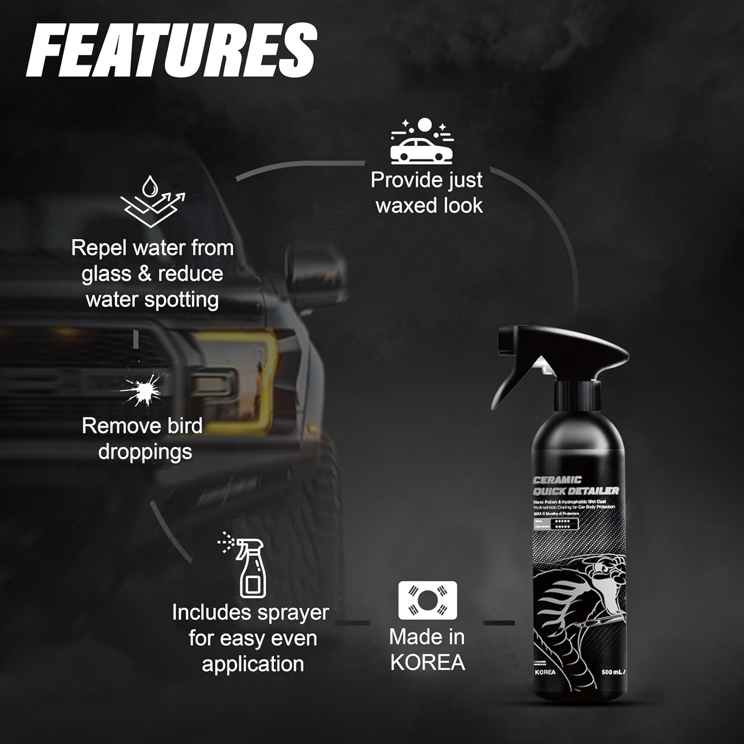 Cobra WRAP TOOLS Ceramic Quick Detailer - Hydrophobic Coating for Superior Car Body Protection - Long-Lasting Shine & Water Repellency - Easy Application & Streak-Free Finish | 500Ml image number 2