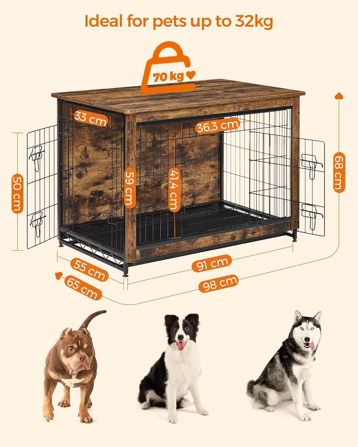 Feandrea Dog Crate Furniture, 98 Cm Side End Table, Modern Kennel for Dogs Indoor up to 32 Kg, Heavy-Duty Dog Cage with Multi-Purpose Removable Tray, Double-Door Dog House, Rustic Brown PFC003X01 image number 4