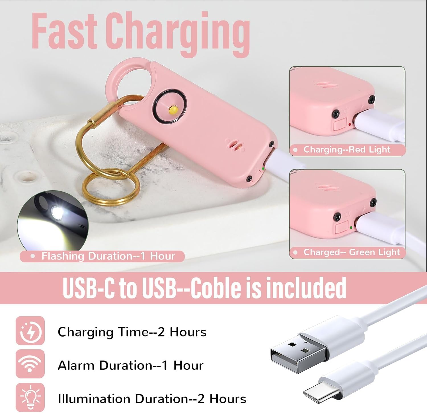 Rechargeable Personal Safety Alarm for Women, 135 Db Loud Self Defense Keychain Siren with LED Strobe Light, Personal Emergency Security Safe Devices Key Chain Alarms for Women Kids Elderly (Pink) image number 3