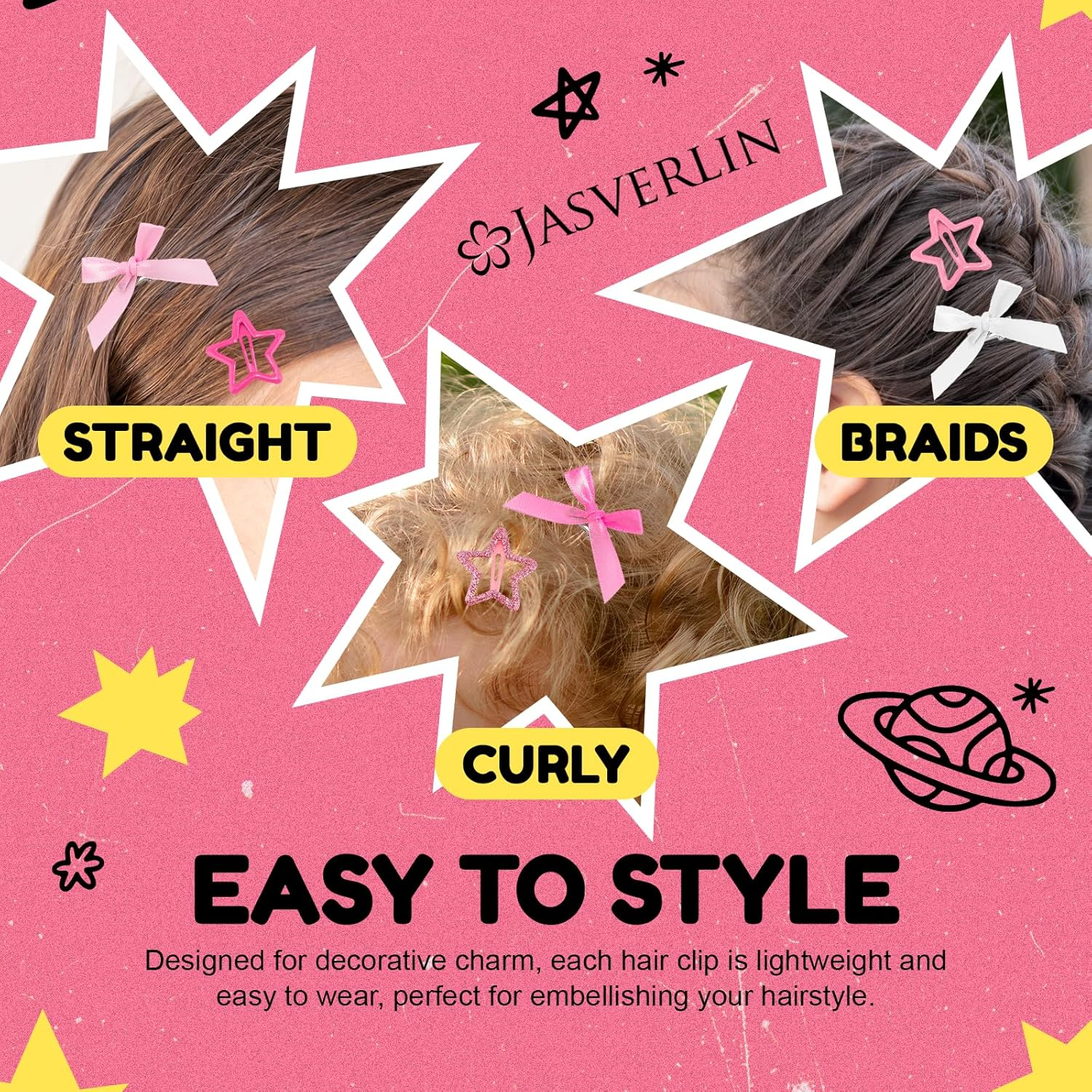 JASVERLIN 60Pcs Star Hair Clips & Mini Bows Y2K Accessories Set, Cute Bowknot Goth Snap Clip Hair Barrettes, 2000S Small Satin Bows for Women Girls (Pink Mixed Color) image number 4